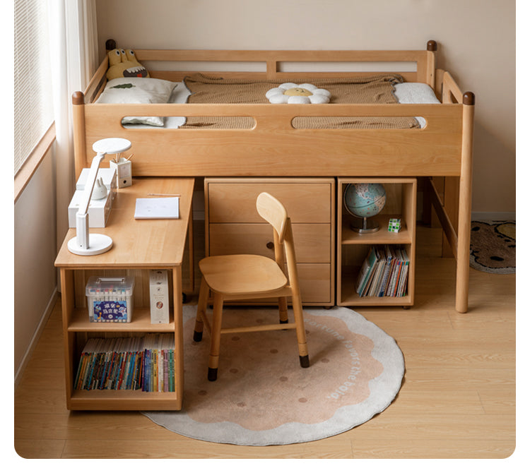 Beech Nordic Children's Solid Wood Loft Bed, Modern Minimalist Multifunctional Combination Bed with Table