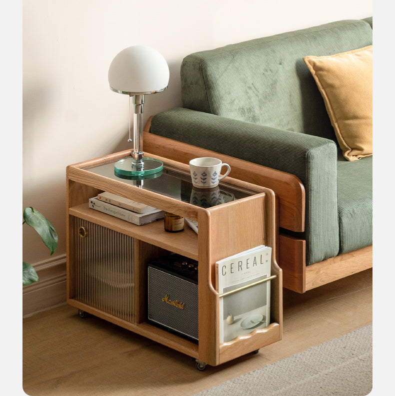 Oak, Beech, Poplar, Black Walnut Solid Wood Mobile Glass Side Table