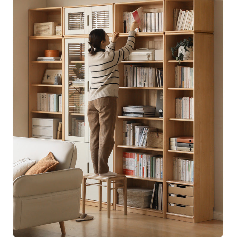 European Beech, Oak Solid Wood Floor-Standing Bookshelf with Glass Door Display