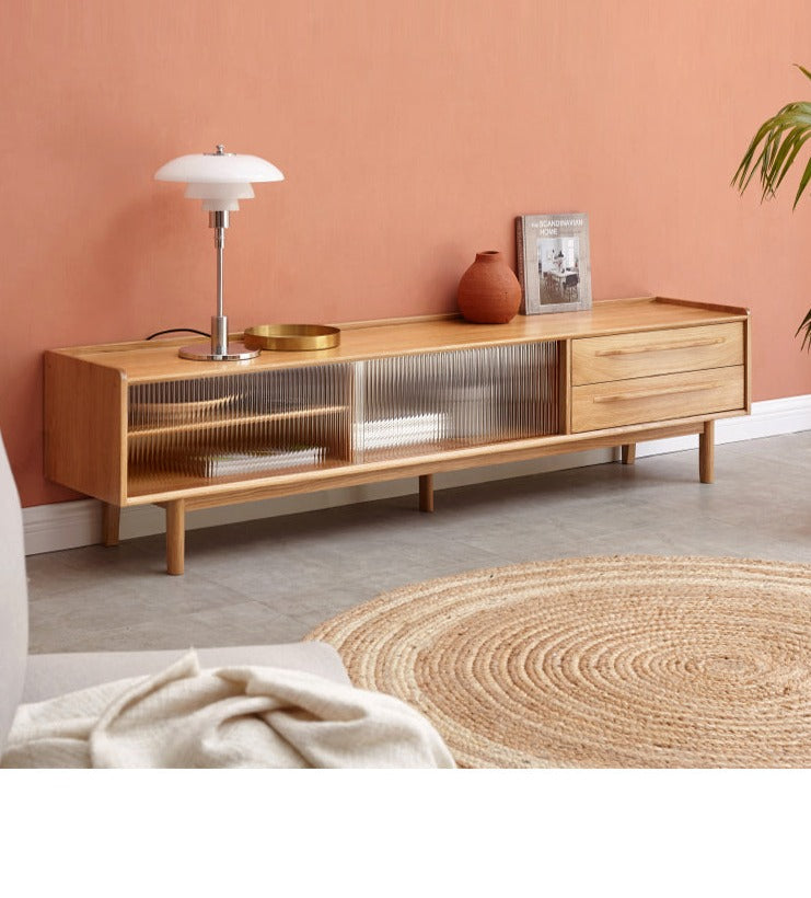 Oak solid wood TV stand sliding door"