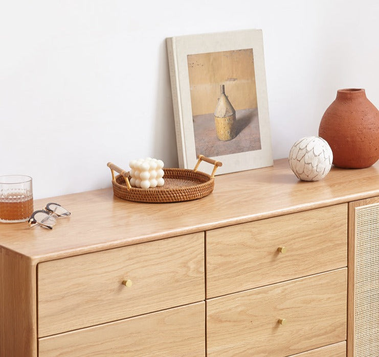 Oak Solid Wood Rattan Storage Cabinet