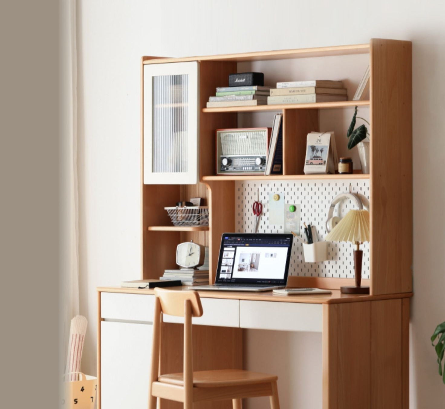 Beech Solid Wood Desk Bookshelf Integrated Study