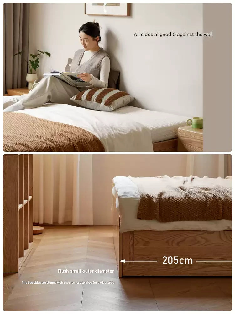 Oak, Rubberwood Solid Wood Platform Bed, Headboard-Free Box Bed