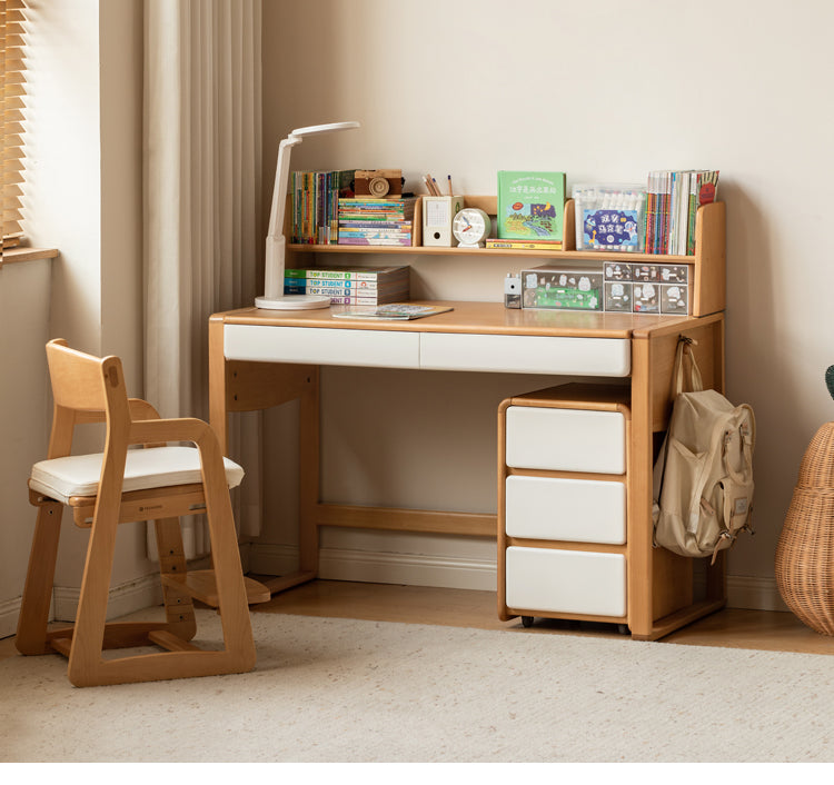 Beech Solid Wood Bookshelf Integrated Kids Desk.