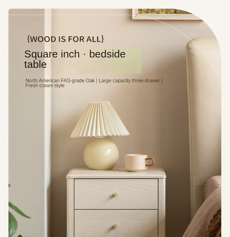 Oak Solid Wood, Solid RubberWood Nightstand Cream Style)