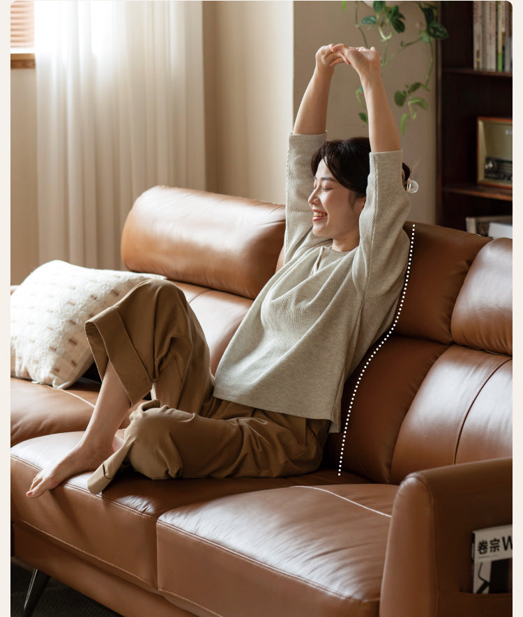 First-layer Yellow Cowhide Leather Sofa Light Luxury Italian Style.