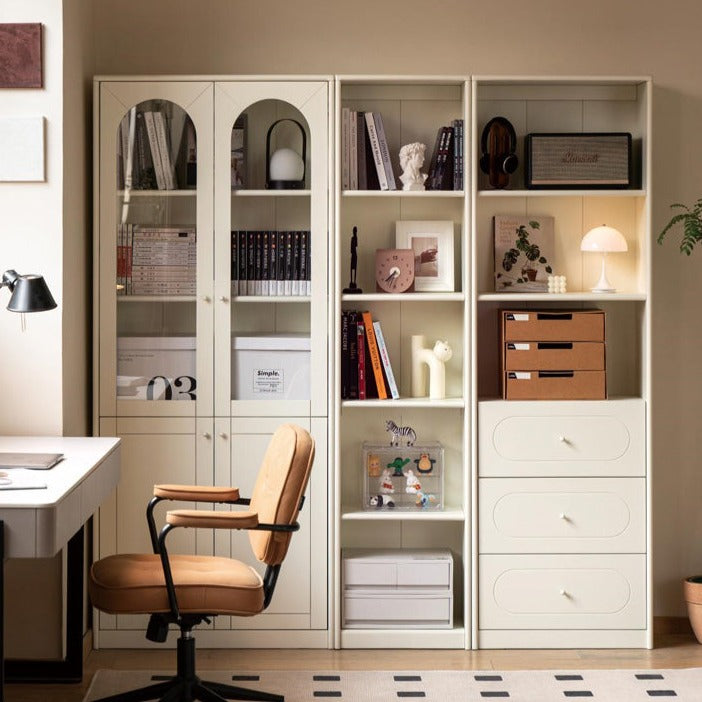 Poplar Solid Wood Bookcase White With Glass Door Whole Wall Combination French Cream Style