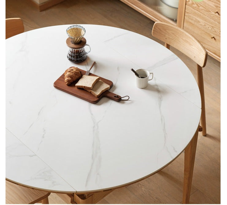 Oak Solid Wood Round Folding Dining Table With Rock Slab Surface