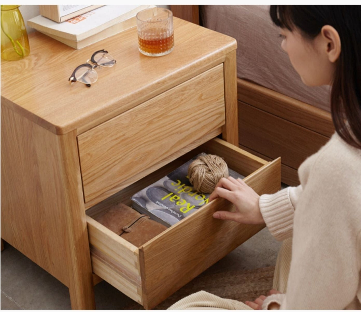 Oak solid wood nightstand"