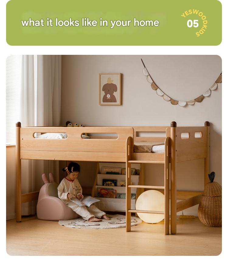 Beech Nordic Children's Solid Wood Loft Bed, Modern Minimalist Multifunctional Combination Bed with Table