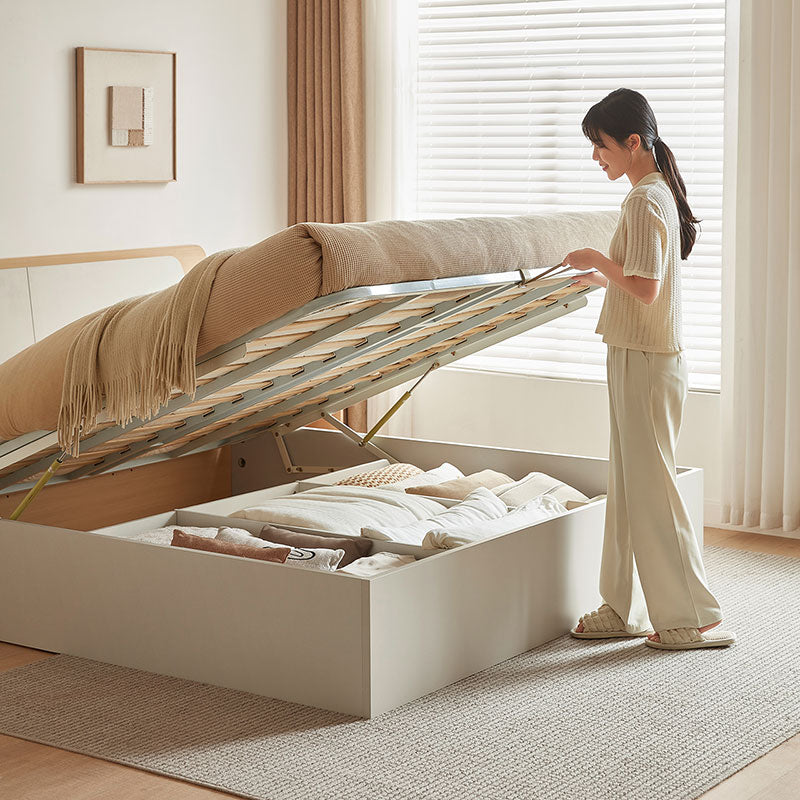 Rubberwood Solid Wood White Cream Platform Bed, Headboard-Free Bed