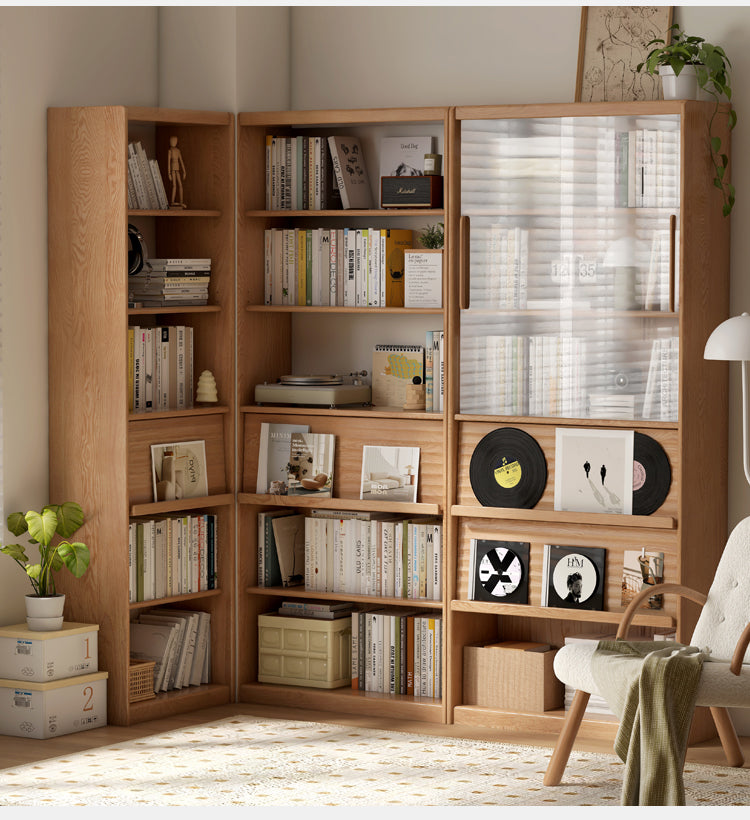 Oak, Beech Solid Wood Bookcase With Glass Door Floor-Standing Bookshelf Multi-Layer Storage Rack Free Combination Display Cabinet