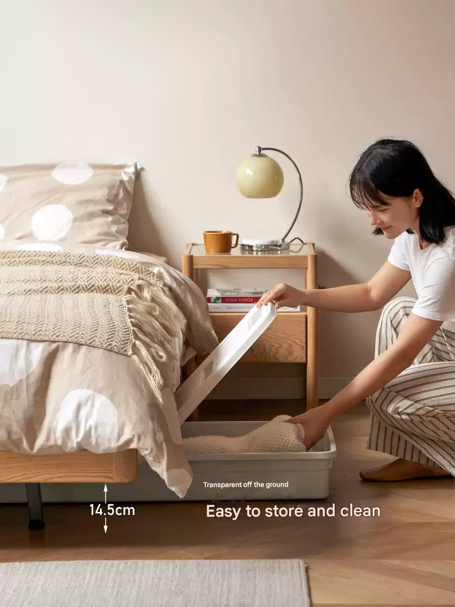 Oak Solid Wood platform bed, headboard-free bed Night Light Suspended Bed