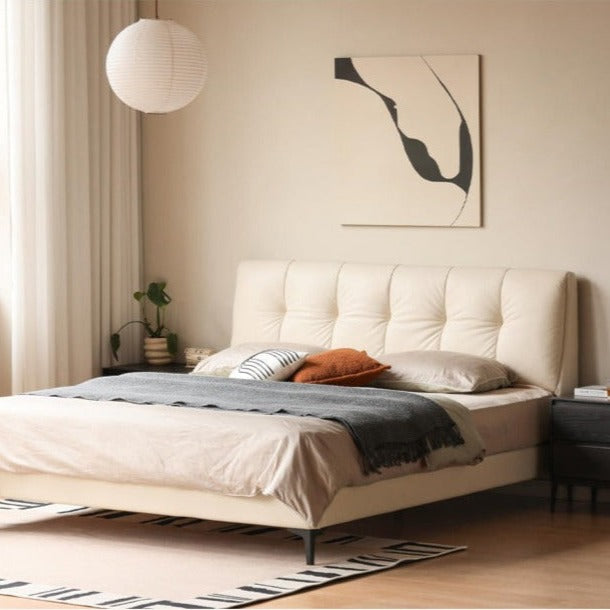 Genuine Leather, Ecological Cloud Leather Bed Cream Style Light Luxury
