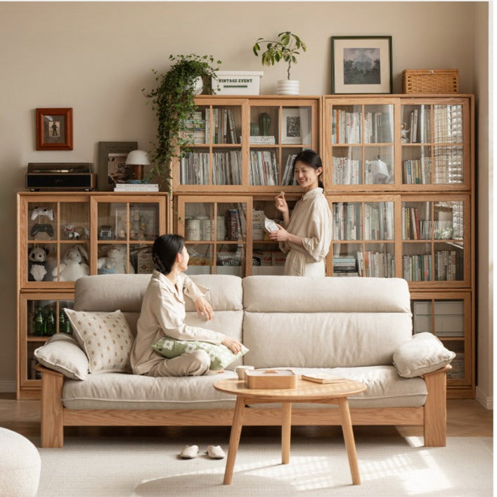 Oak Solid Wood Bookcase Floor to Floor Free Combination Sliding Door