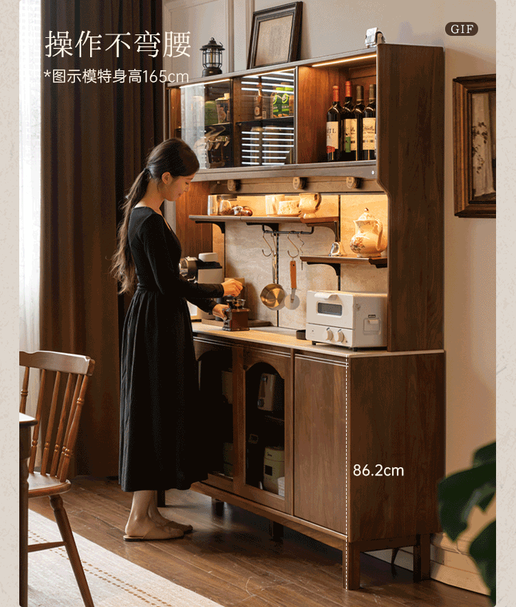 Black Walnut Solid Wood Buffet Cabinet with Retro Style and Rock Board Surface
