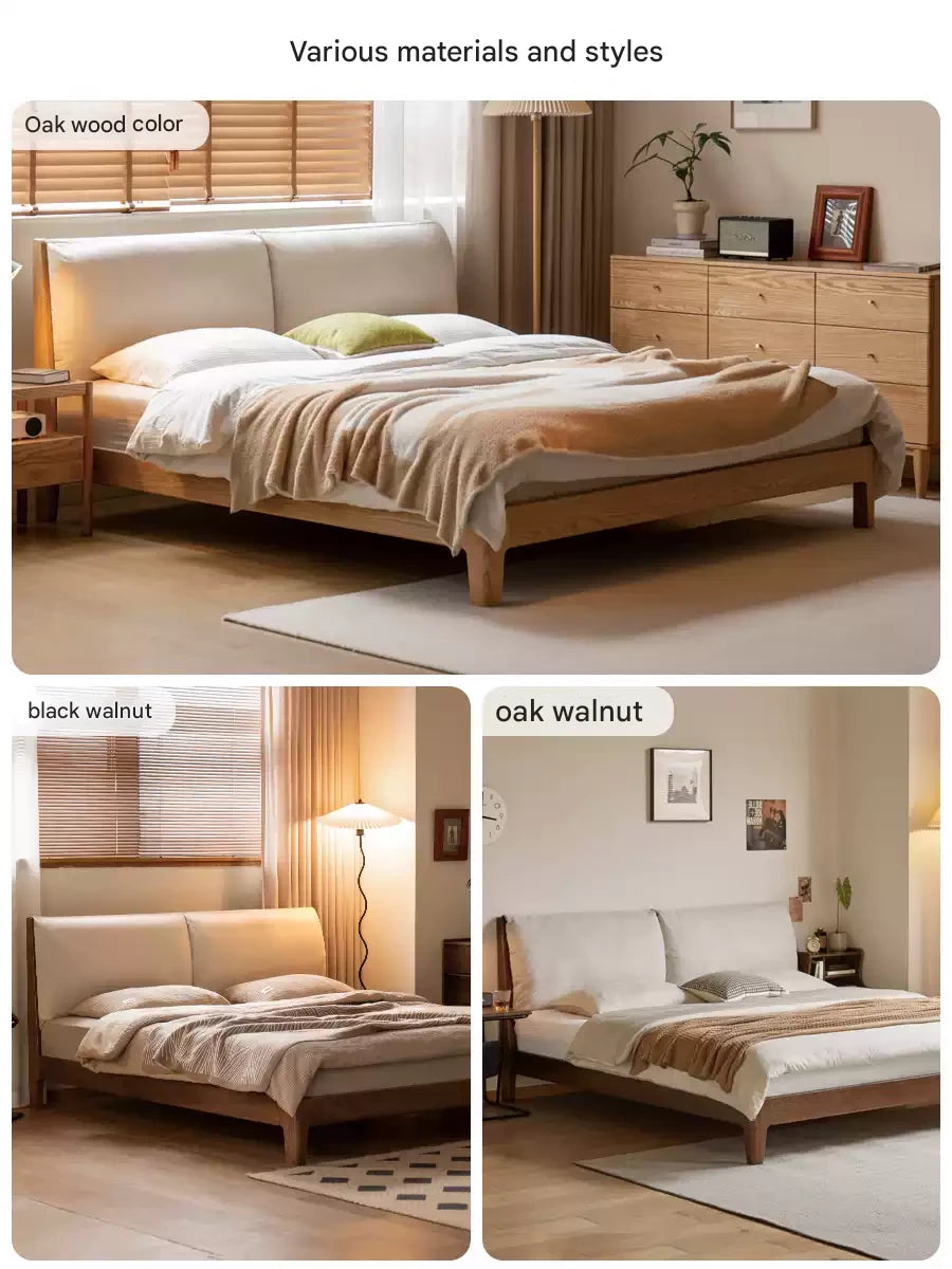 Rubberwood Solid Wood Upholstered Platform Bed with Cushioned Headboard, White