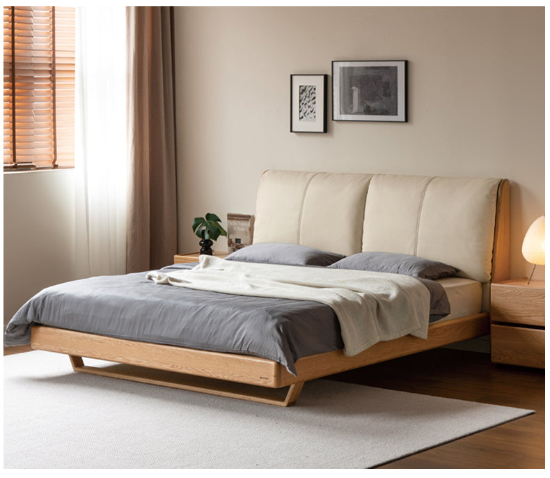 Oak, Ash Solid Wood Leather Soft Bed Italian Light Luxury.