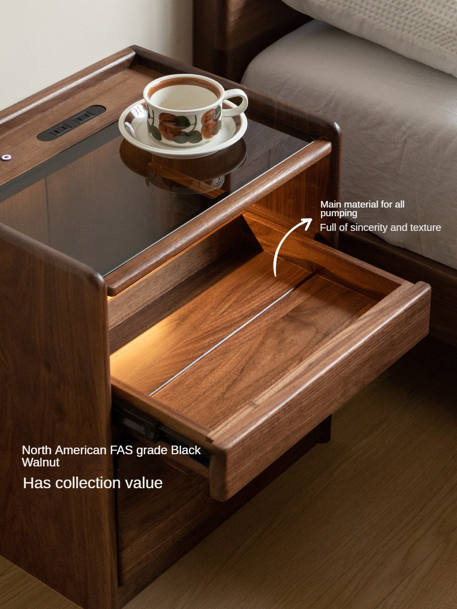 Black Walnut, Oak, Sandalwood Solid Wood Nightstand Socket, Lamp