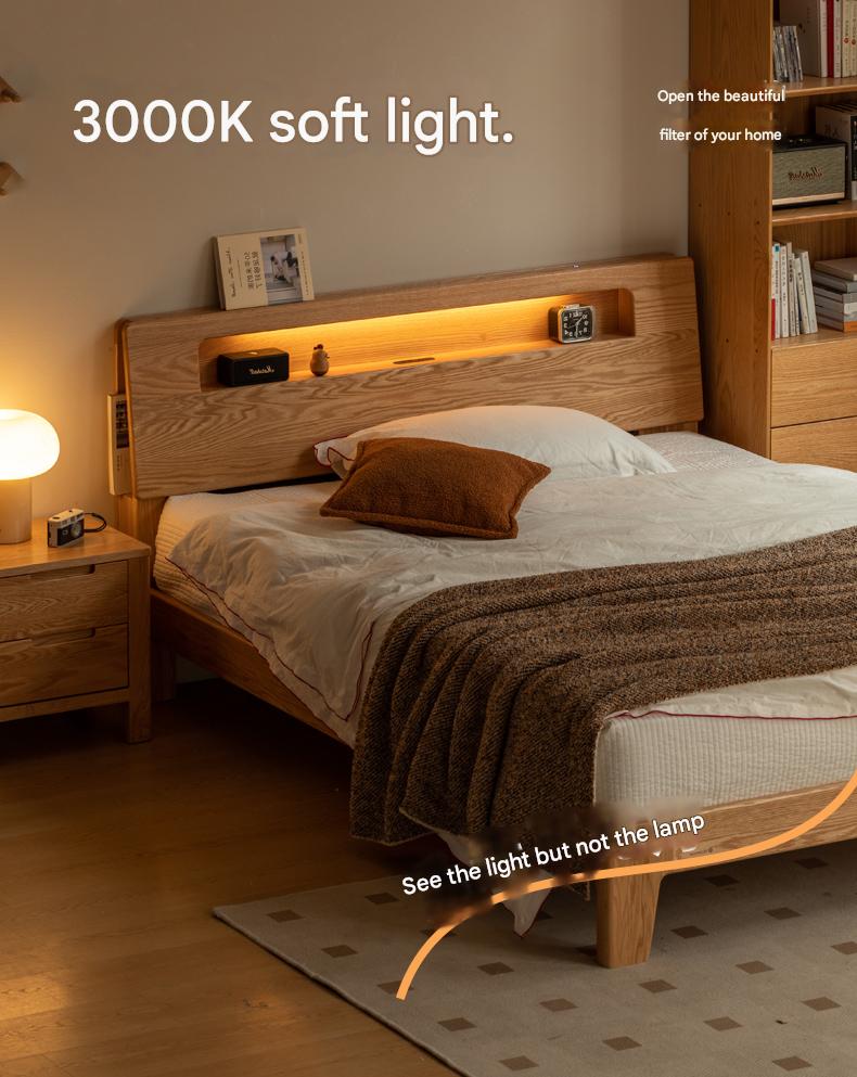 Oak, Beech Solid Wood With Light And Bookshelf Bed