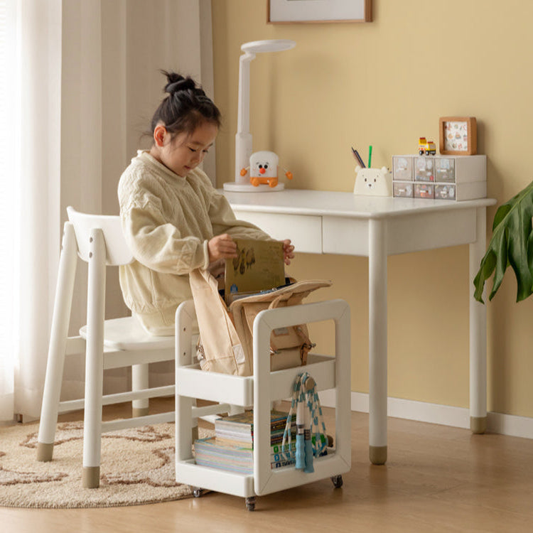 Solid Rubberwood White Cream Style Under-Desk Movable Kids Cabinet