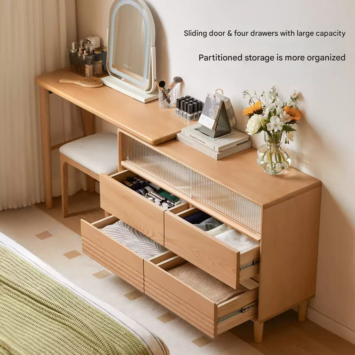 Beech Solid Wood L-Shaped Corner Storage Cabinet, Dressing table.