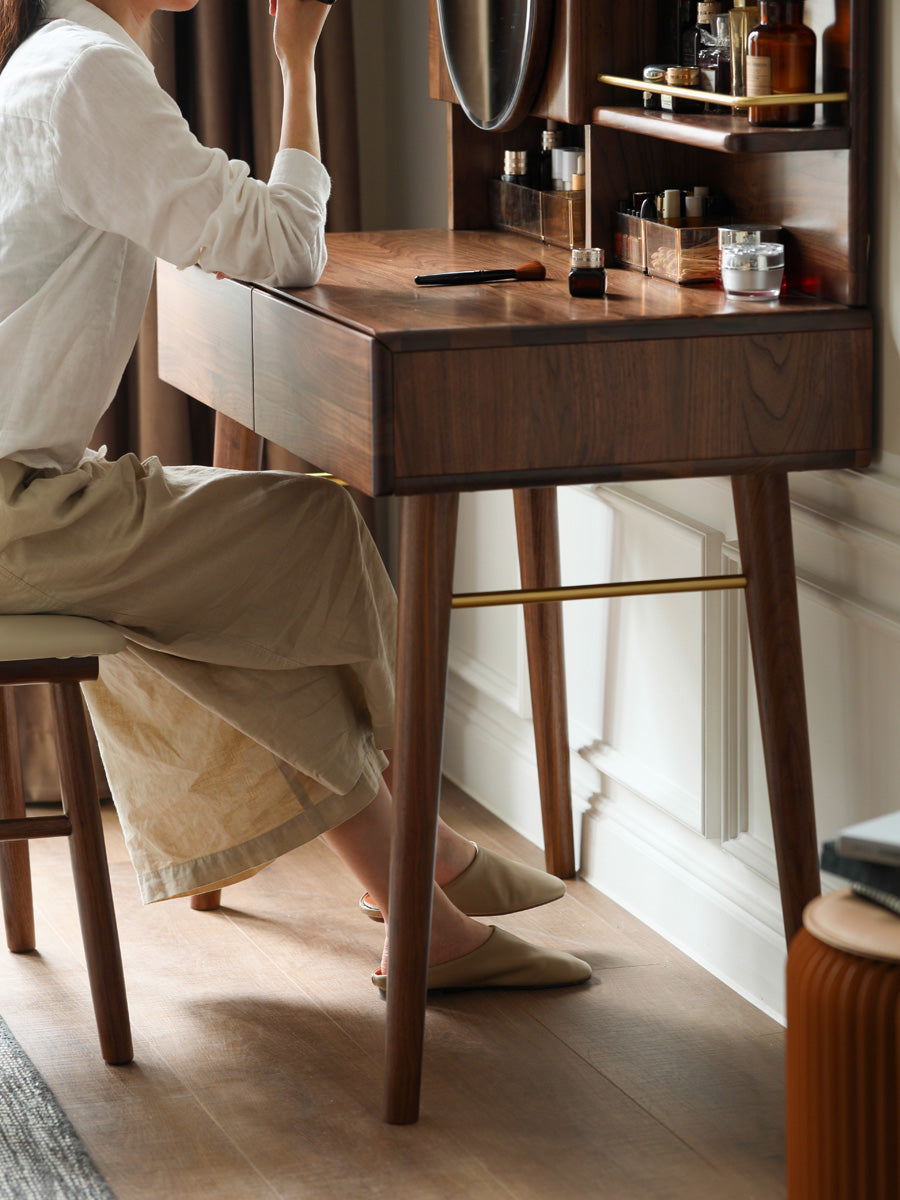 Black Walnut, Sandalwood Solid Wood Moon Makeup Mirror Vanity Table.