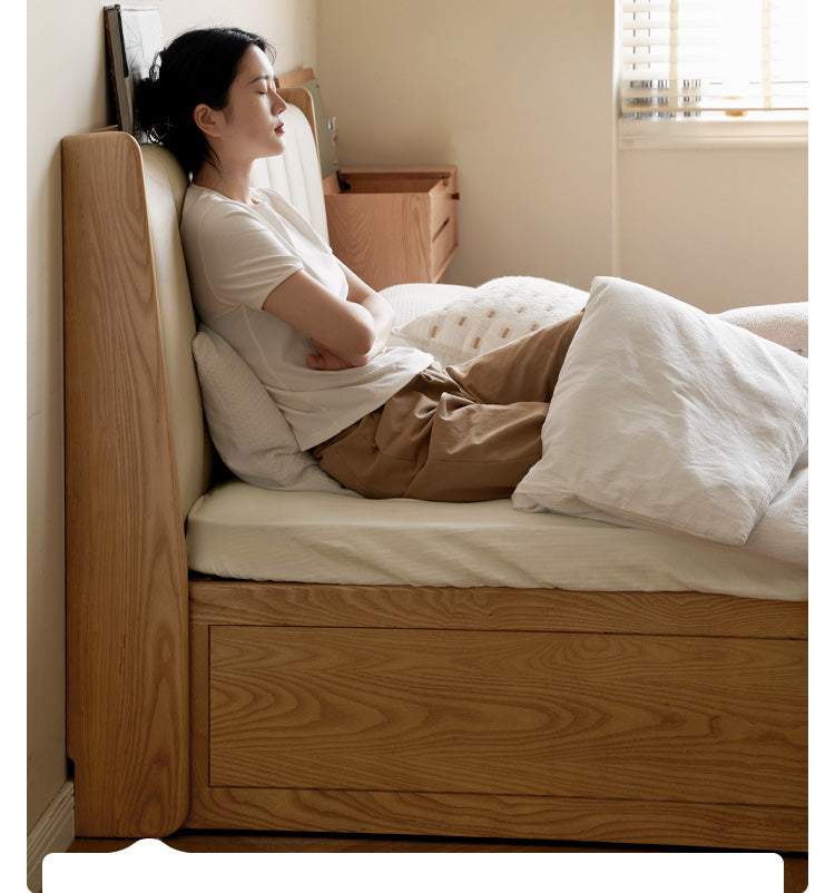 Ash Solid Wood Genuine Leather, Technical Cloth Box Storage Bed