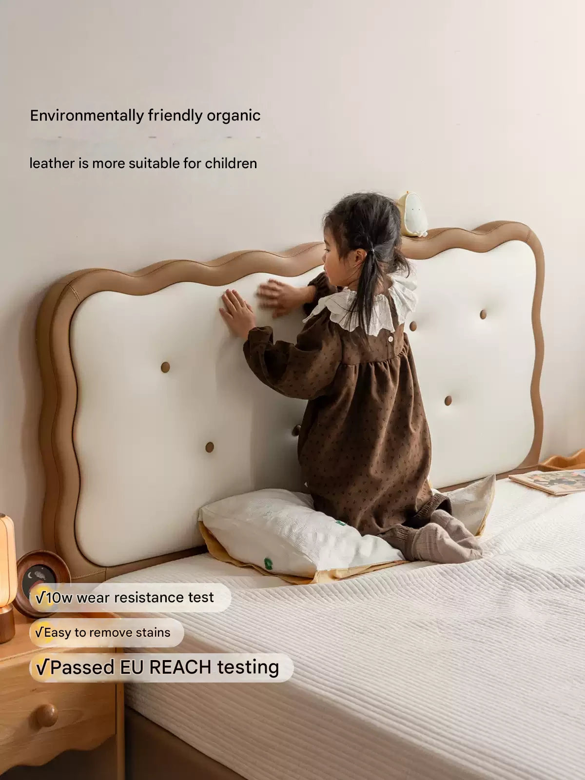 Beech Solid Wood Children's Organic Leather Soft High Headboard Biscuit Bed