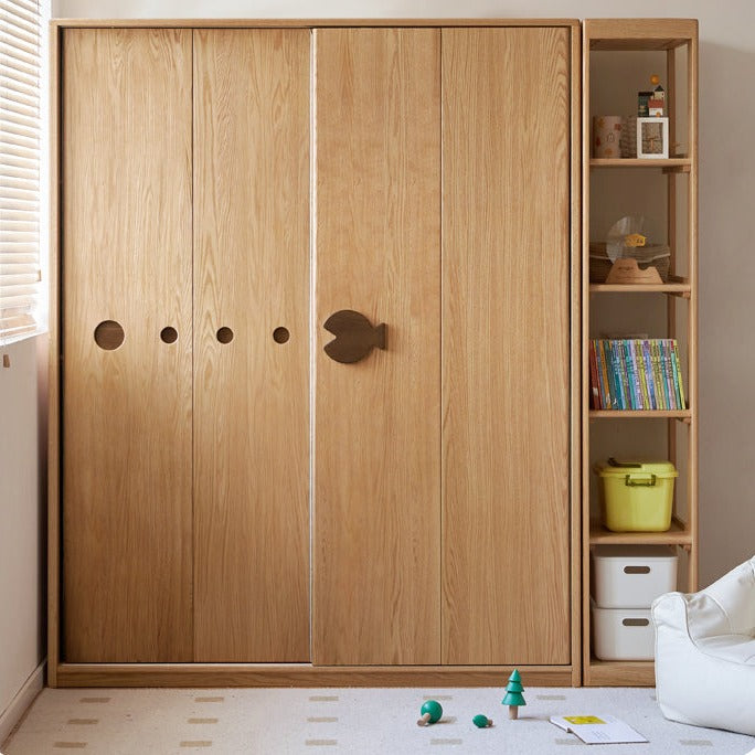 Oak Solid Wood Children's Sliding Door Wardrobe Storage Cabinet