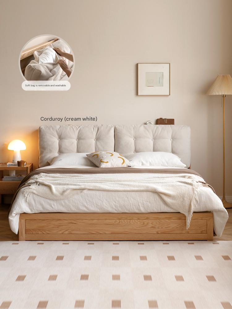 Oak solid wood fabric box bed cream style