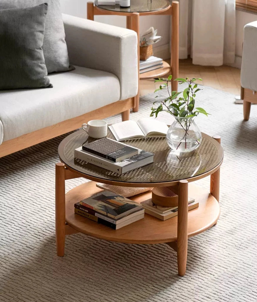 Cherry Wood Rattan Vine Weaving Glass Retro Coffee Table Combination