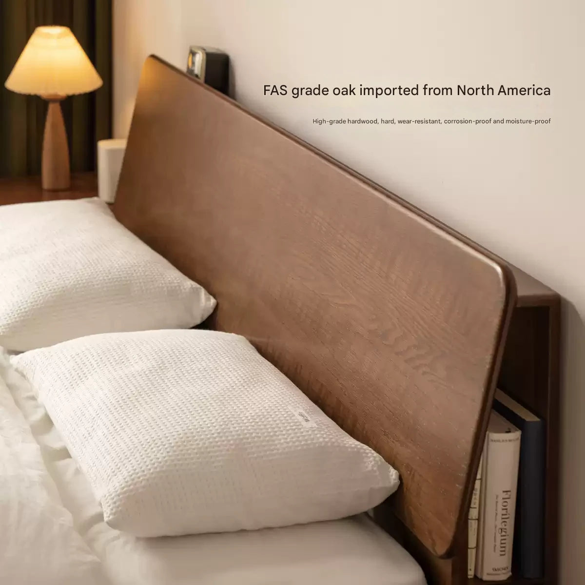 Oak solid wood bed with light, storage space