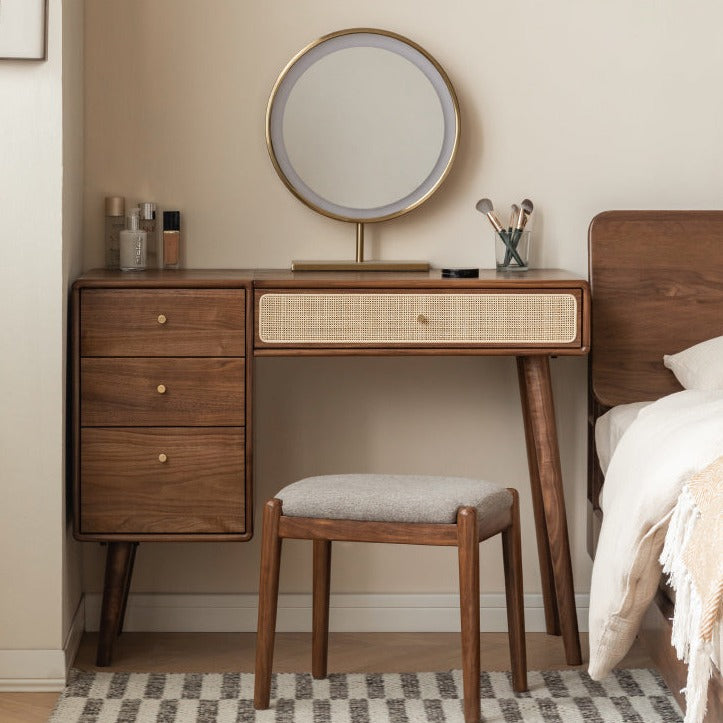 Black Walnut Solid Wood Rattan Dressing Table.