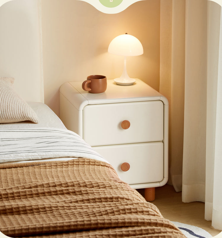 Solid Rubberwood Nightstand Cream Style White Cabinet.