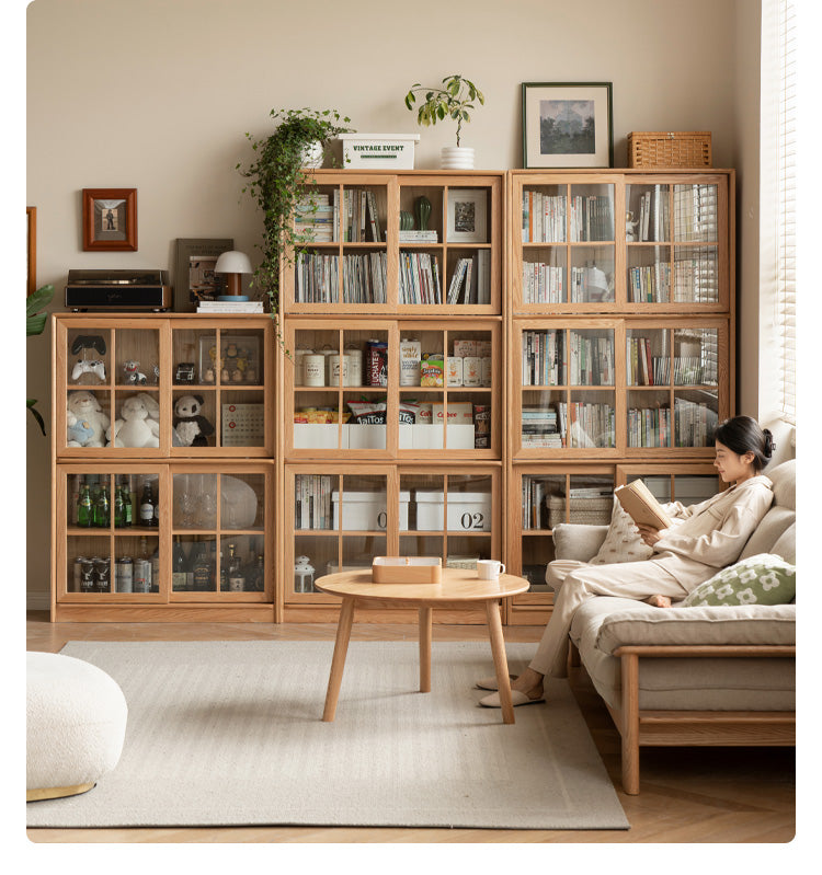 Oak Solid Wood Bookcase Floor to Floor Free Combination Sliding Door
