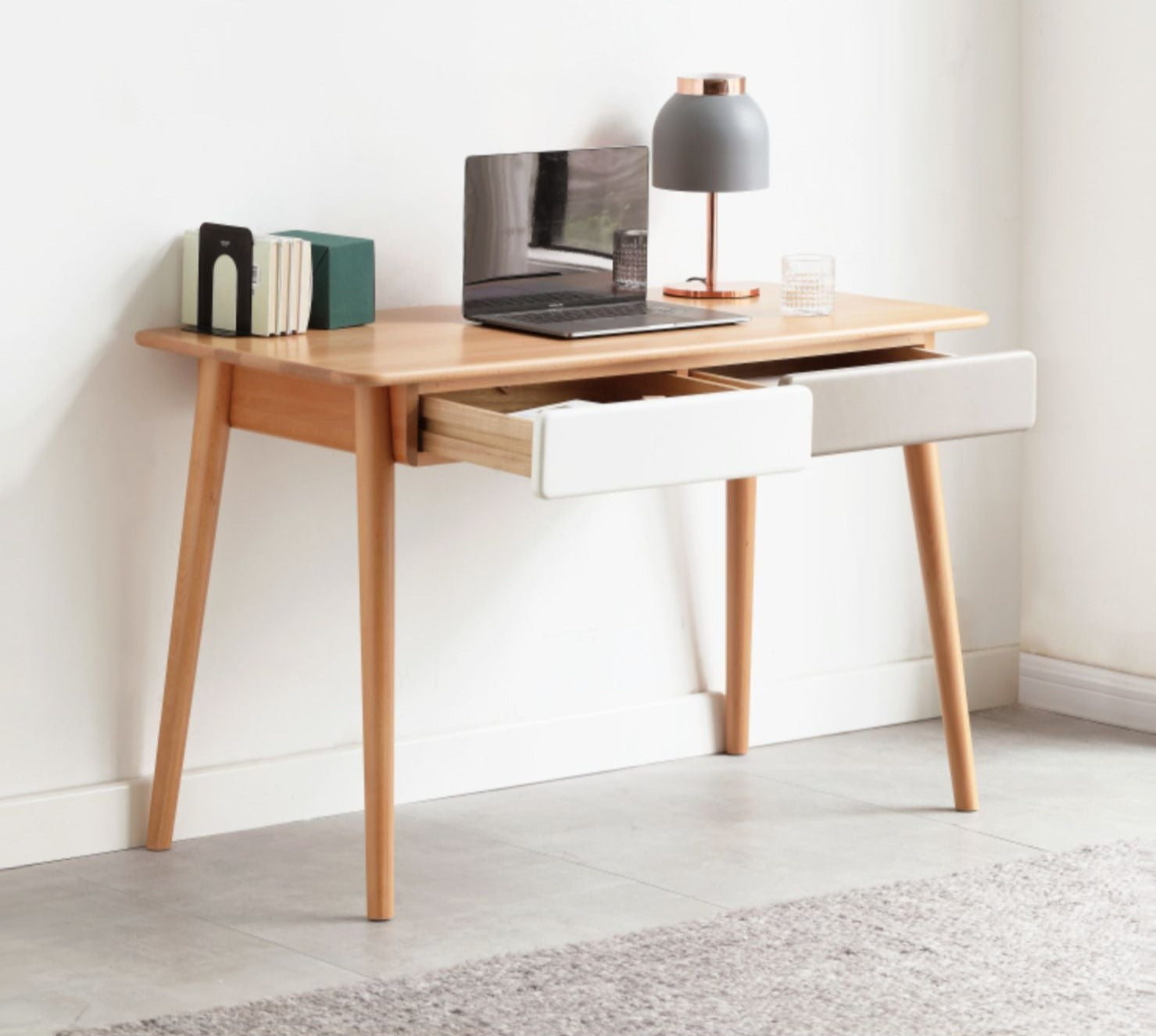 Beech Solid Wood Office Desk with 2 Drawers