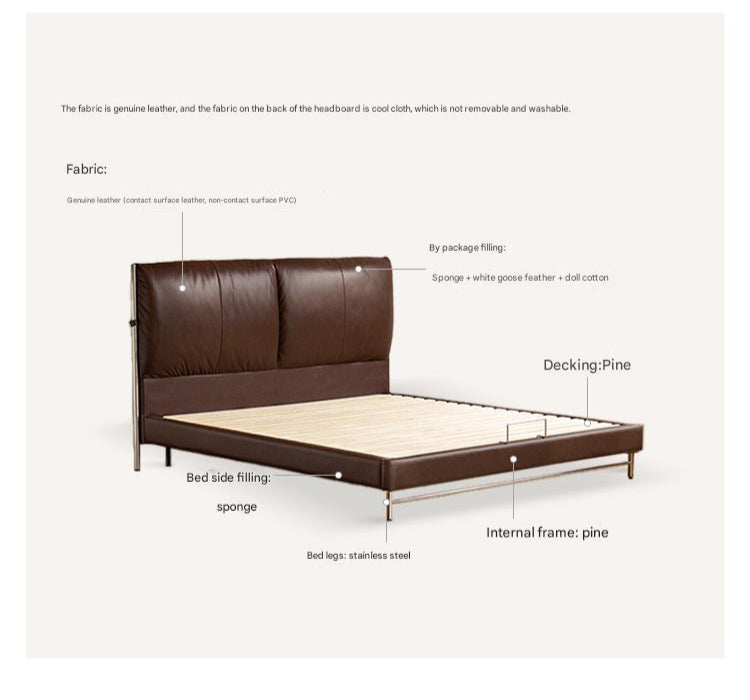 Genuine Leather Italian Light Luxury Brown Double Bed