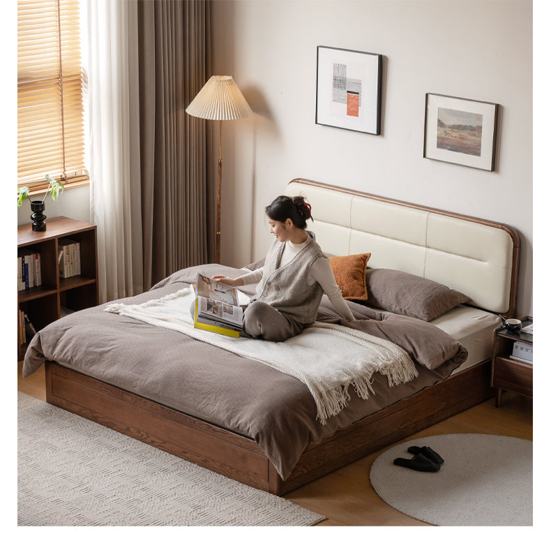Oak Solid Wood Modern Genuine Leather, Organic Leather Storage Bed