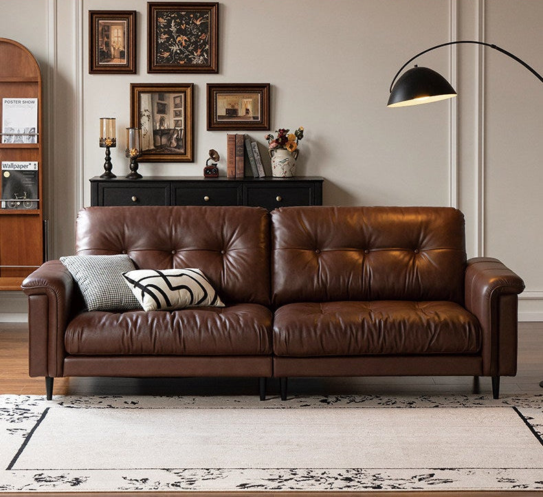 Genuine Leather Biscuit Tufted Leather Sofa with Track Arms