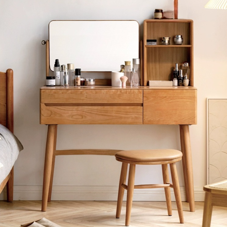 Cherry Solid Wood Vanity Table Nordic Makeup Mirror.
