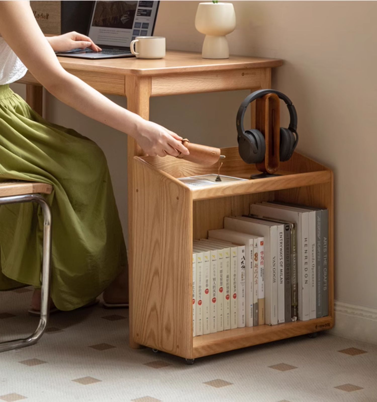 Oak, Rubberwood Solid Wood Under-desk Mobile Bookshelf