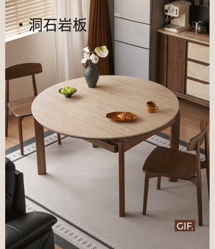 Black Walnut Solid Wood Folding Dining Table with Rock Plate Round Top