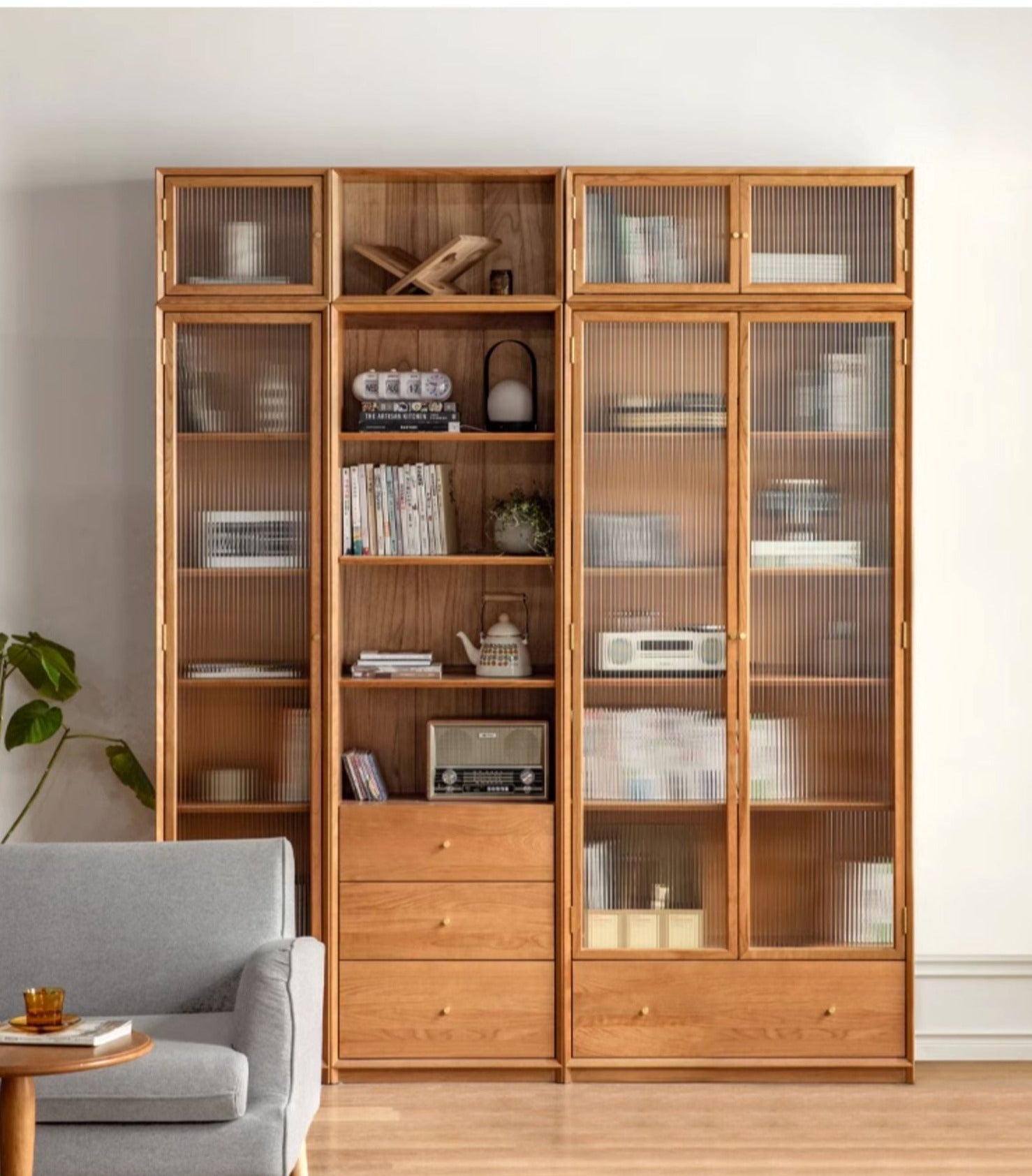 Cherry Wood Combination Bookcase Floor Shelf Glass Door Bookcase