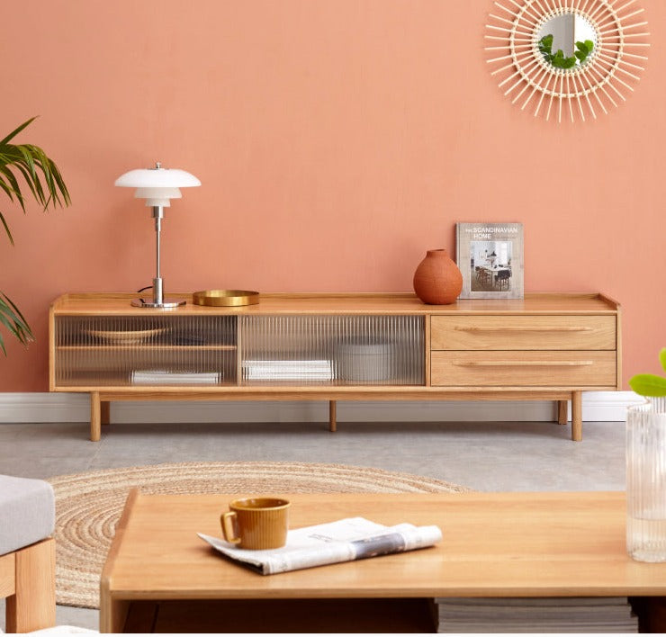 Oak solid wood TV stand sliding door"