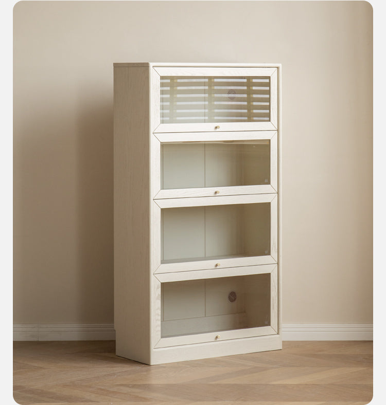 Oak Solid Wood Bookcase Cream Flip Door Glass Display Cabinet