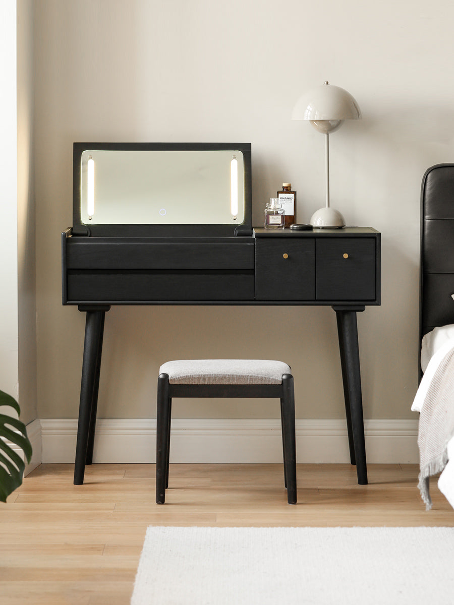 Oak Solid Wood Black Makeup Table Mirror LED Touch.
