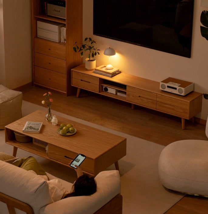 Oak, Beech, Solid Rubberwood TV Stand Sliding Doors