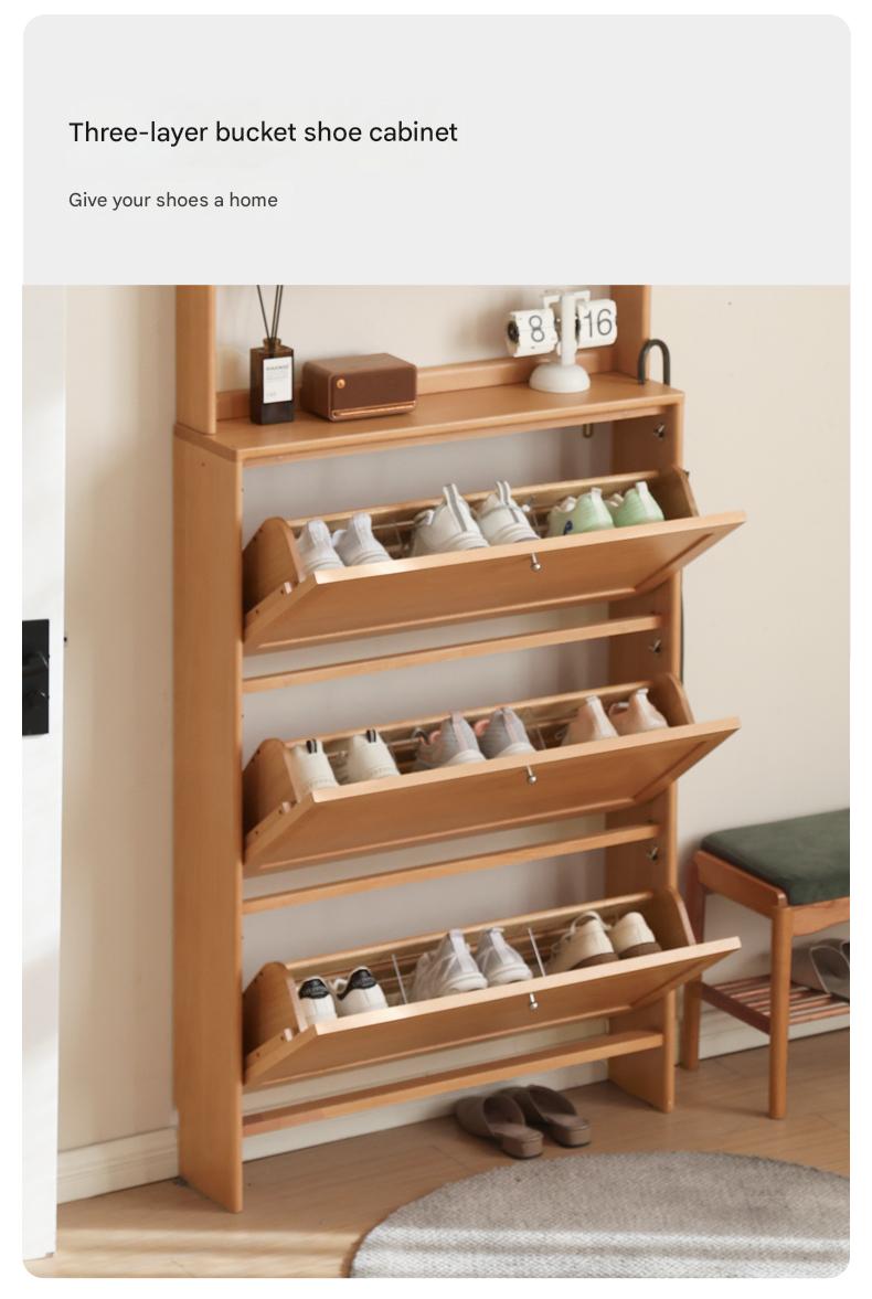 Beech Solid Wood Ultra-Thin Flip Bucket Shoe Cabinet