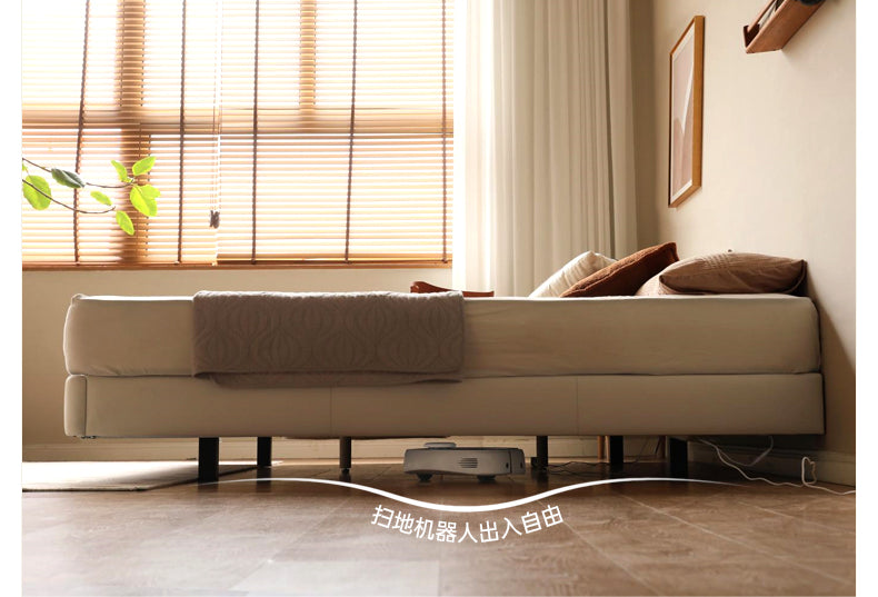 Leather platform bed, headboard-free floating bed cream style